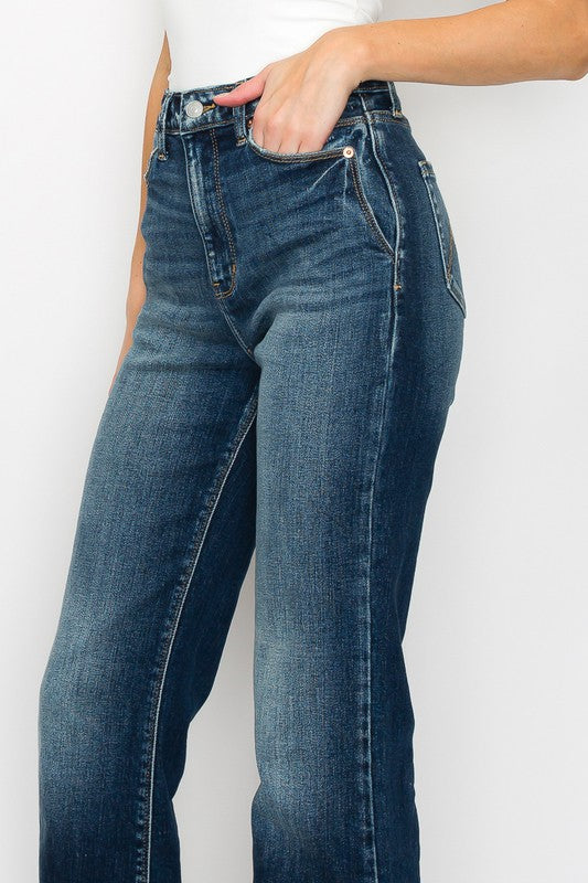 Artemis Vintage High Rise Holly Flare Jeans dark wash denim fitted through hips with front pockets