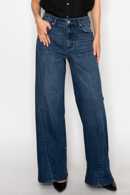 Artemis Vintage dark wash high rise wide leg jeans for women with relaxed fit and classic five pocket design