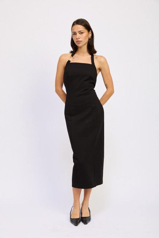 Emory Park black open back midi dress with square neckline fitted silhouette and midi hem on model