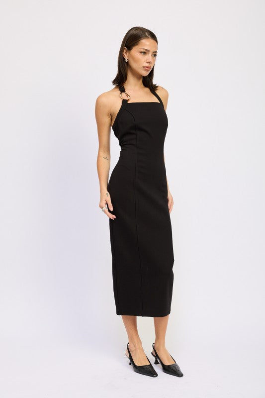 Emory Park open back midi dress in black fitted silhouette with square neckline and thin straps model wearing heels