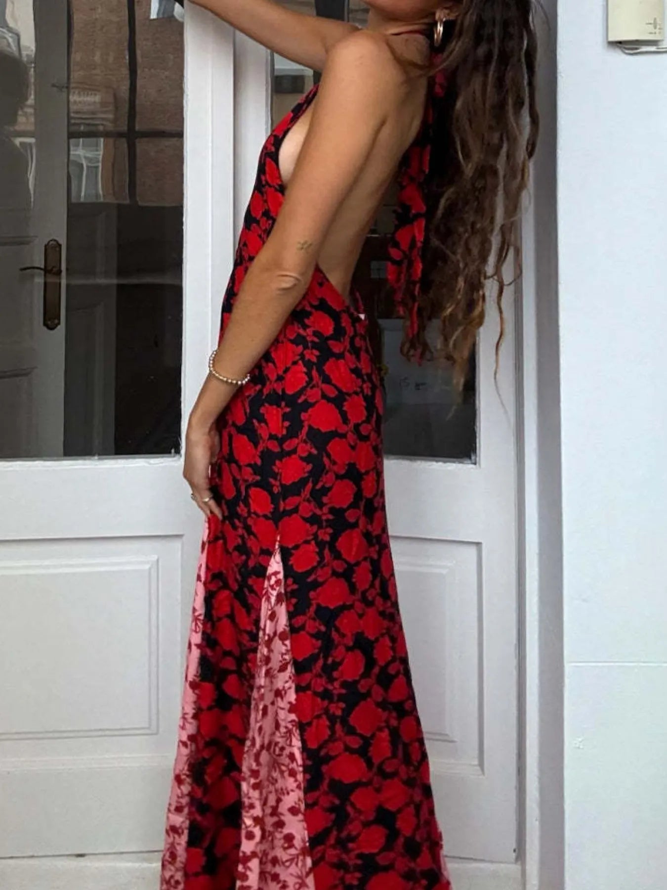 Trendsi Polka Dot Maxi Dress backless red and black sleeveless gown with side slit and low open back