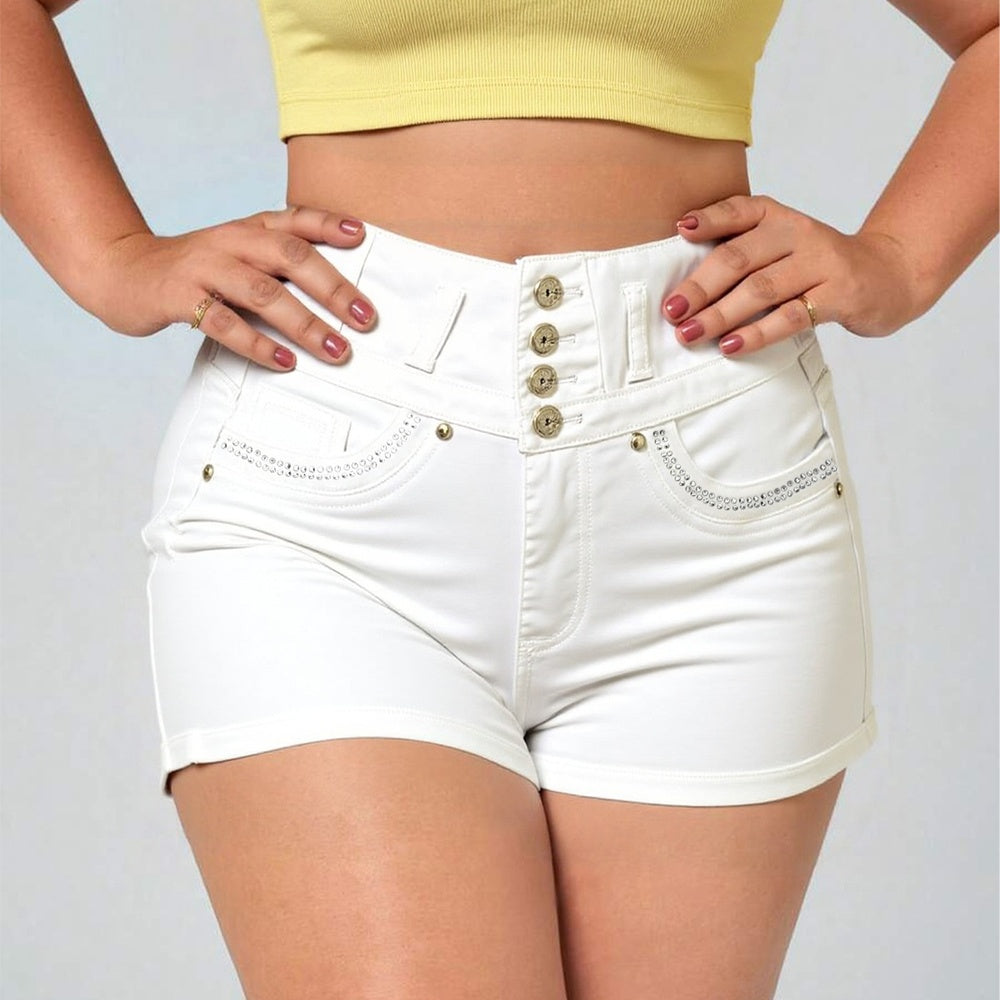 Trendsi white high waist denim shorts with button fly and cuffed hem on model for casual summer styling