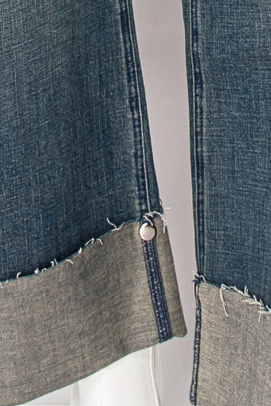 Artemis Vintage women's tummy control wide leg jeans close up of frayed hem contrast cuff and side slit with button