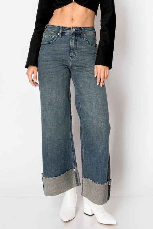 Artemis Vintage women's tummy control wide leg jeans mid rise cuffed frayed hem blue denim with zipper