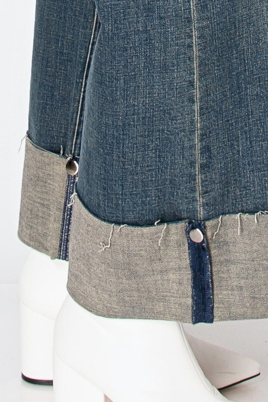 Artemis Vintage women's tummy control wide leg jeans raw cuff detail with contrast hem and button tab
