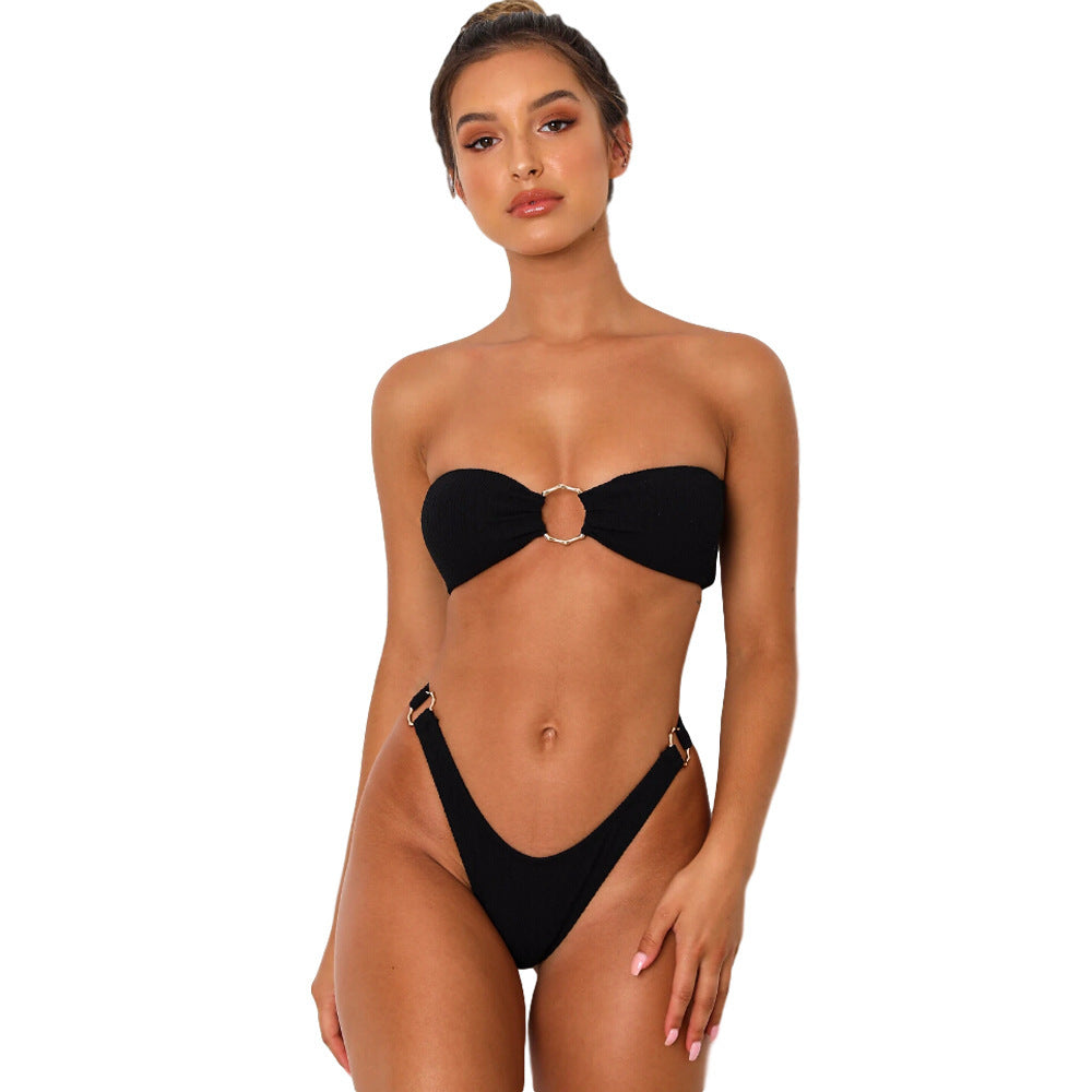 Trendsi stylish bandeau V-cut bikini in black with ring detail and high-cut bottoms