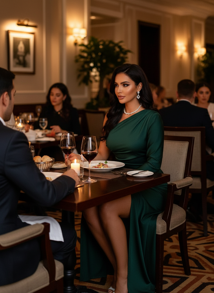 Stylish evening out with split one shoulder maxi dress at upscale restaurant