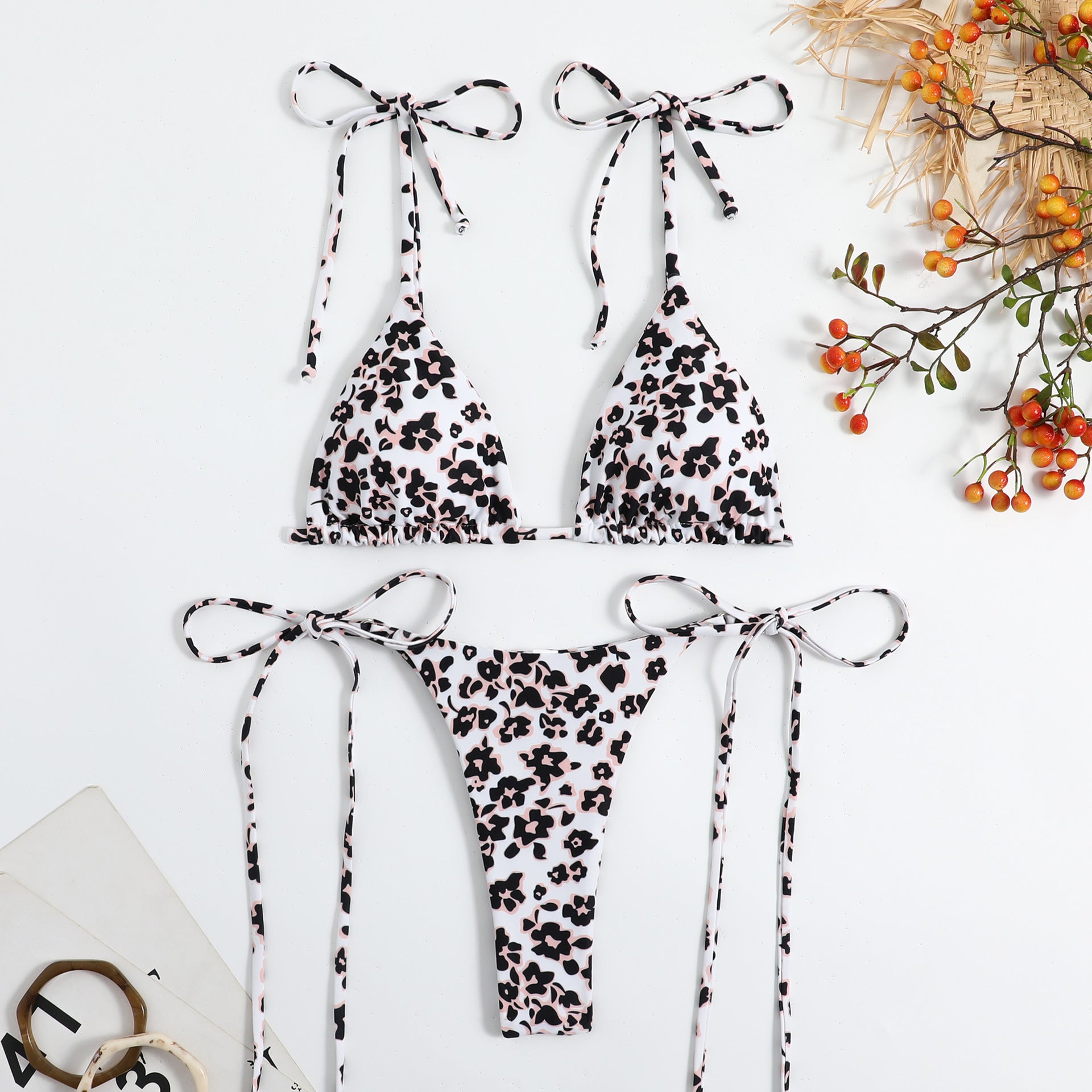 Trendsi stylish floral self tie bikini with black and pink flower print on white background