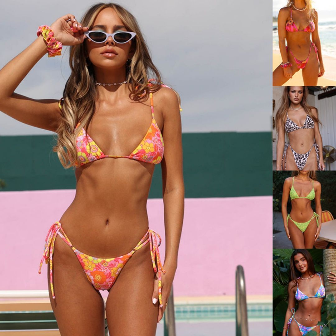 Trendsi Stylish Floral Self Tie Bikini in vibrant colors worn by model outdoors by poolside