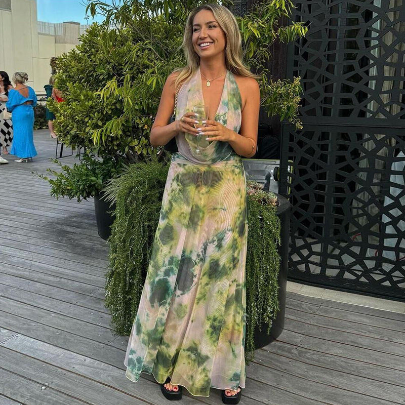 Stylish Tie-Dye Maxi Dress in Green and Pink, perfect for summer events and casual outings