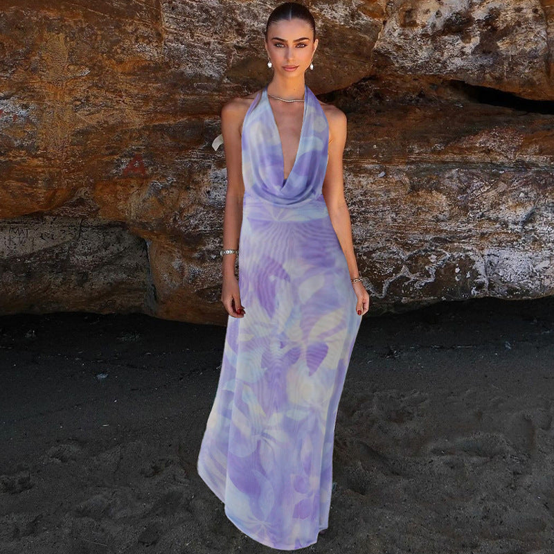 Stylish Tie-Dye Maxi Dress in Lavender with a Halter Neck Design for Beachwear