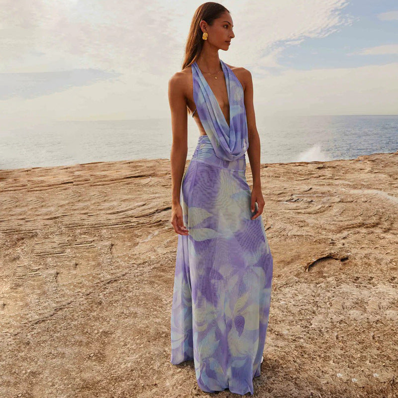 Stylish Tie-Dye Maxi Dress in light blue and lavender with a halter neckline for a summer look