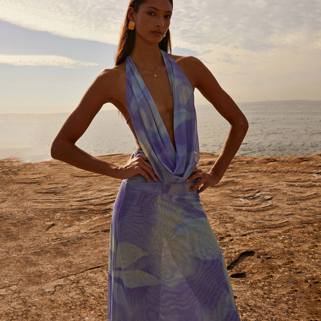 Stylish Tie-Dye Maxi Dress in Purple with Deep V-Neck and Flowing Silhouette for Summer Look