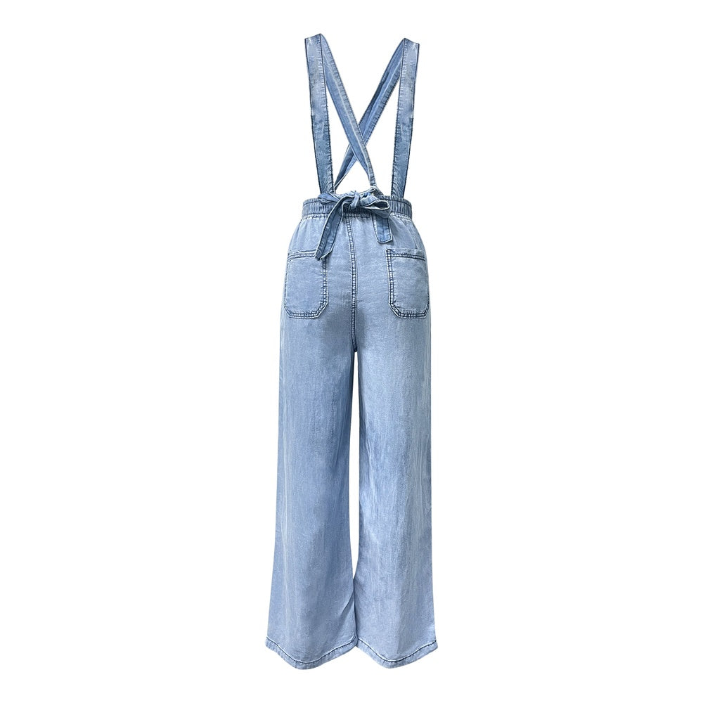 Trendsi light wash denim Elastic Waist Suspender Pants with crossed back straps tie waist and wide leg