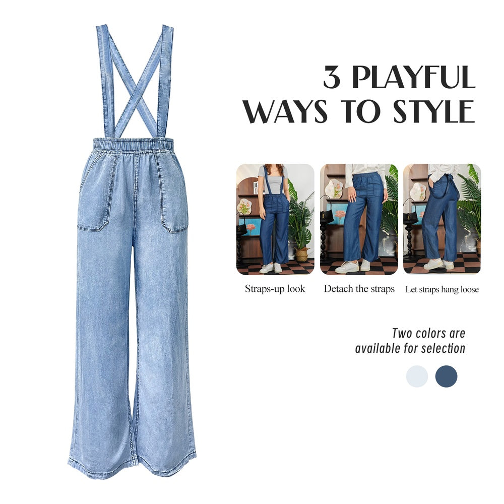 Trendsi light wash denim Elastic Waist Suspender Pants with cross back straps elastic waist wide legs and front pockets