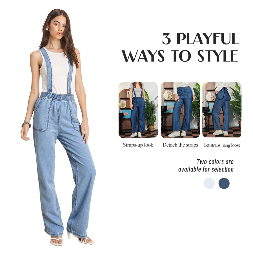 Trendsi Elastic Waist Suspender Pants light denim with adjustable straps shown styled three ways on model