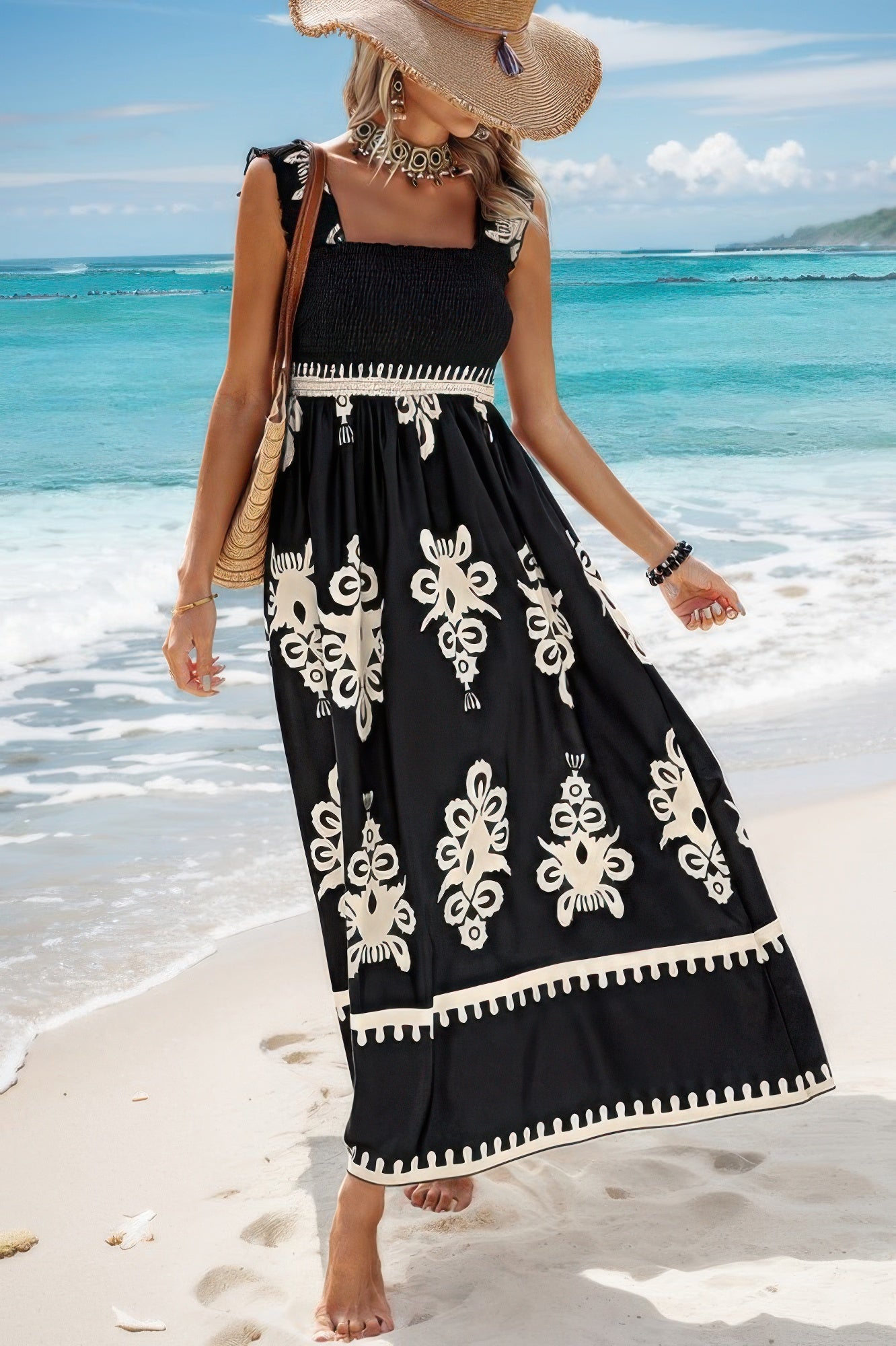 sleeveless square neck dress black maxi with white floral print smocked bodice tie waist beach outfit