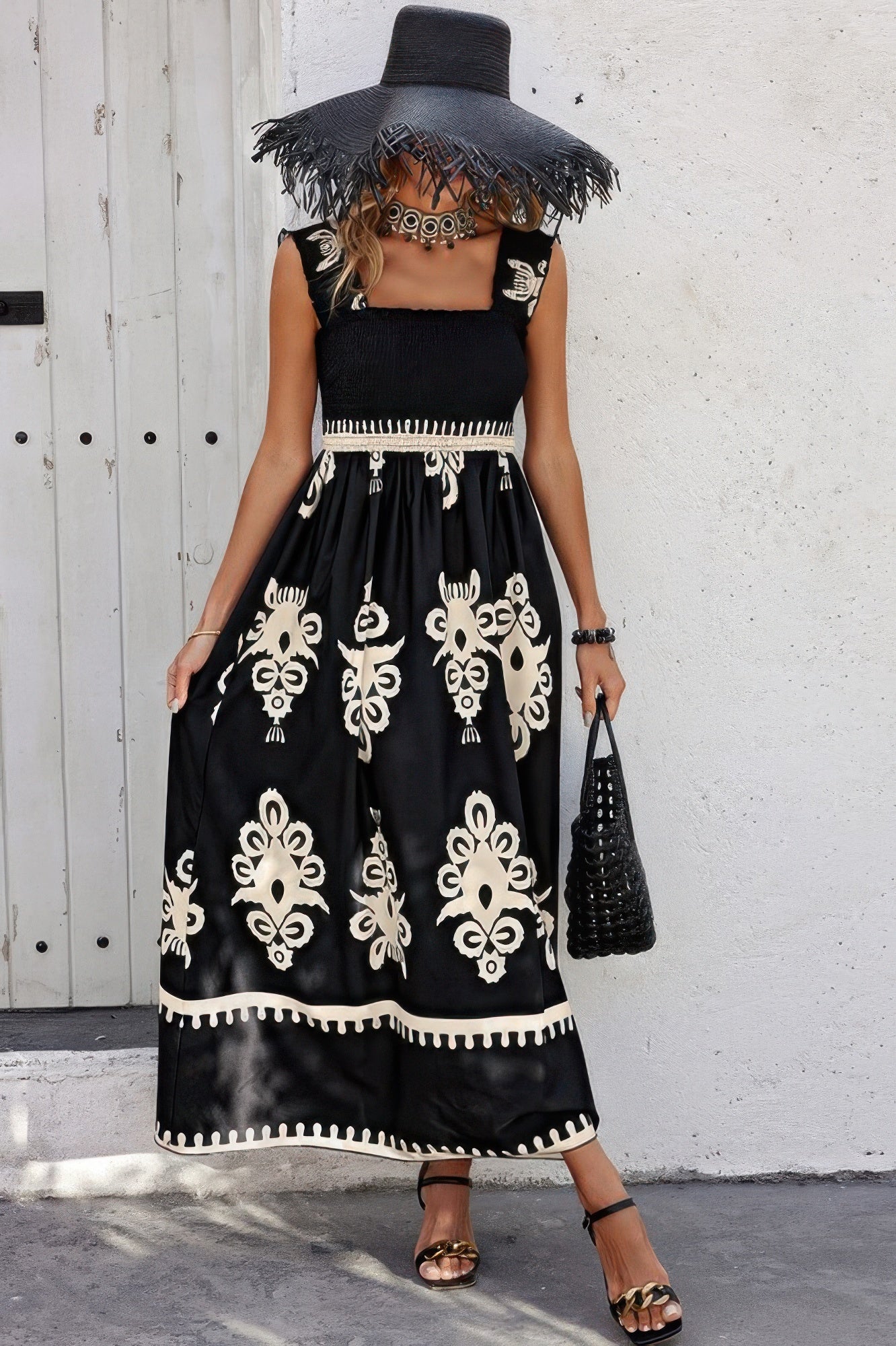 CCWHOLESALECLOTHING sleeveless square neck dress black maxi with cream embroidery waist trim and black sun hat