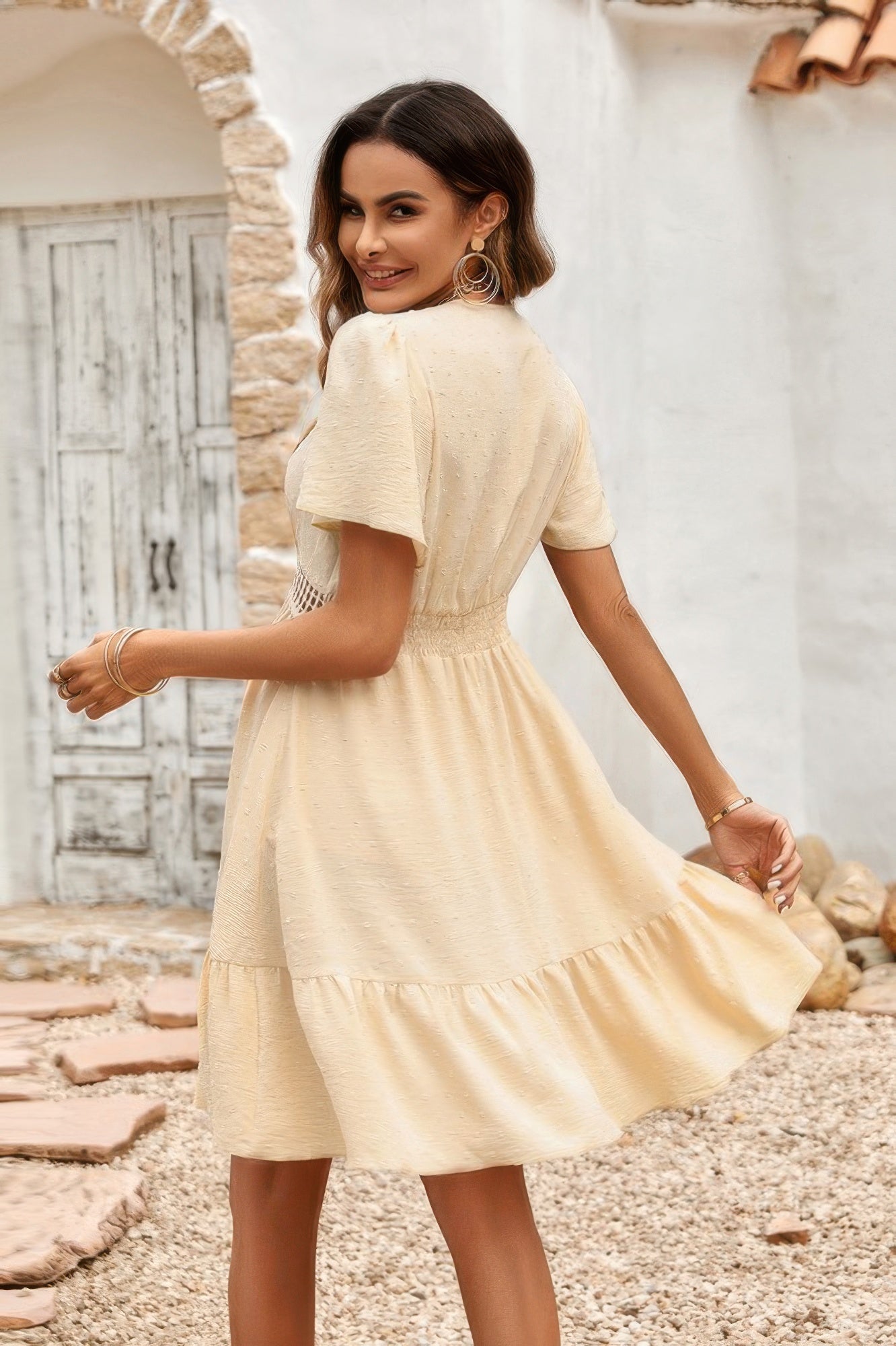 CCWHOLESALECLOTHING beige Swiss dot ruffle dress with puff sleeves elastic waist and tiered hem