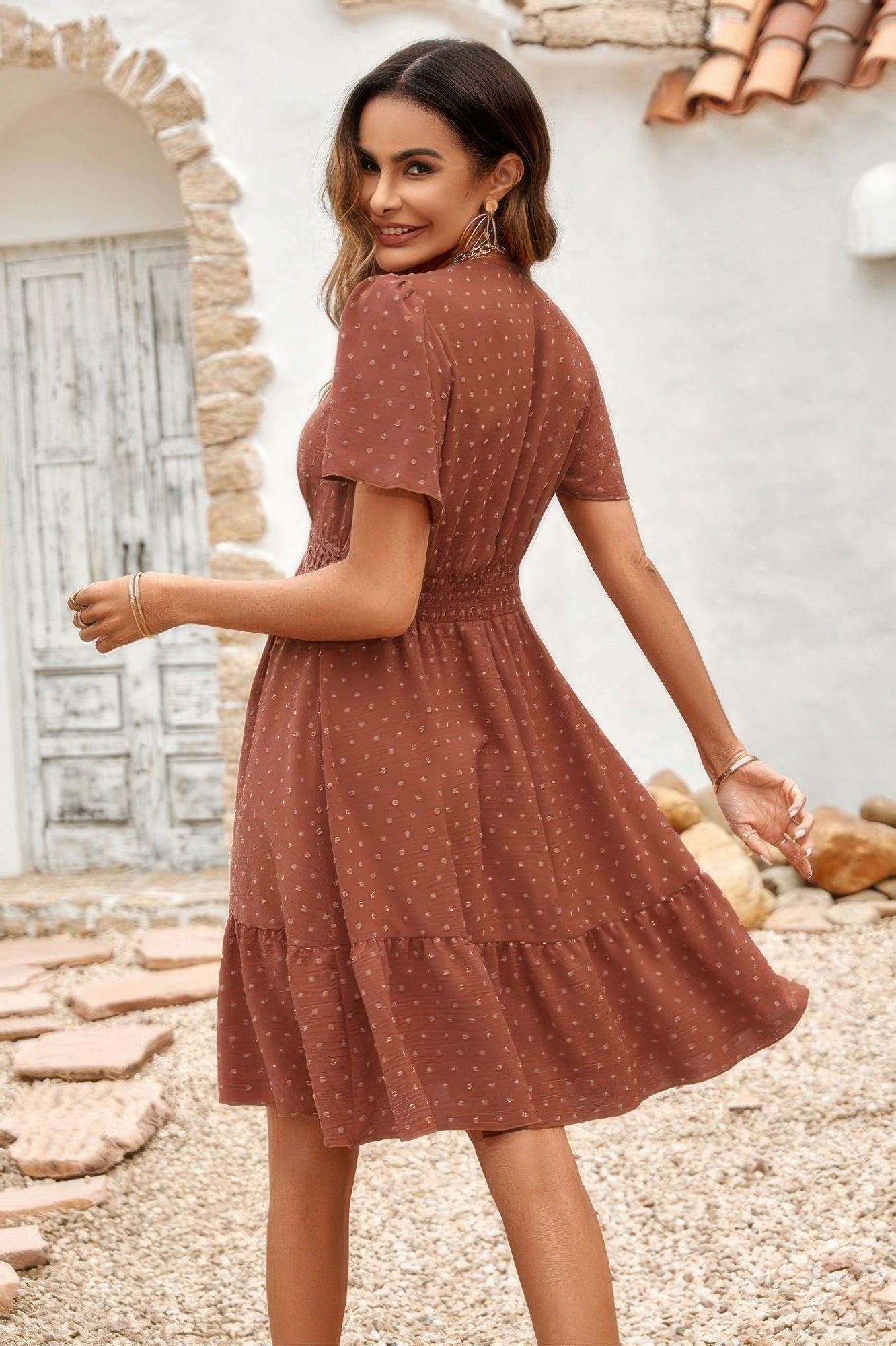 CCWHOLESALECLOTHING Swiss dot ruffle dress brown short sleeve elastic waist midi with tiered hem outdoor styling