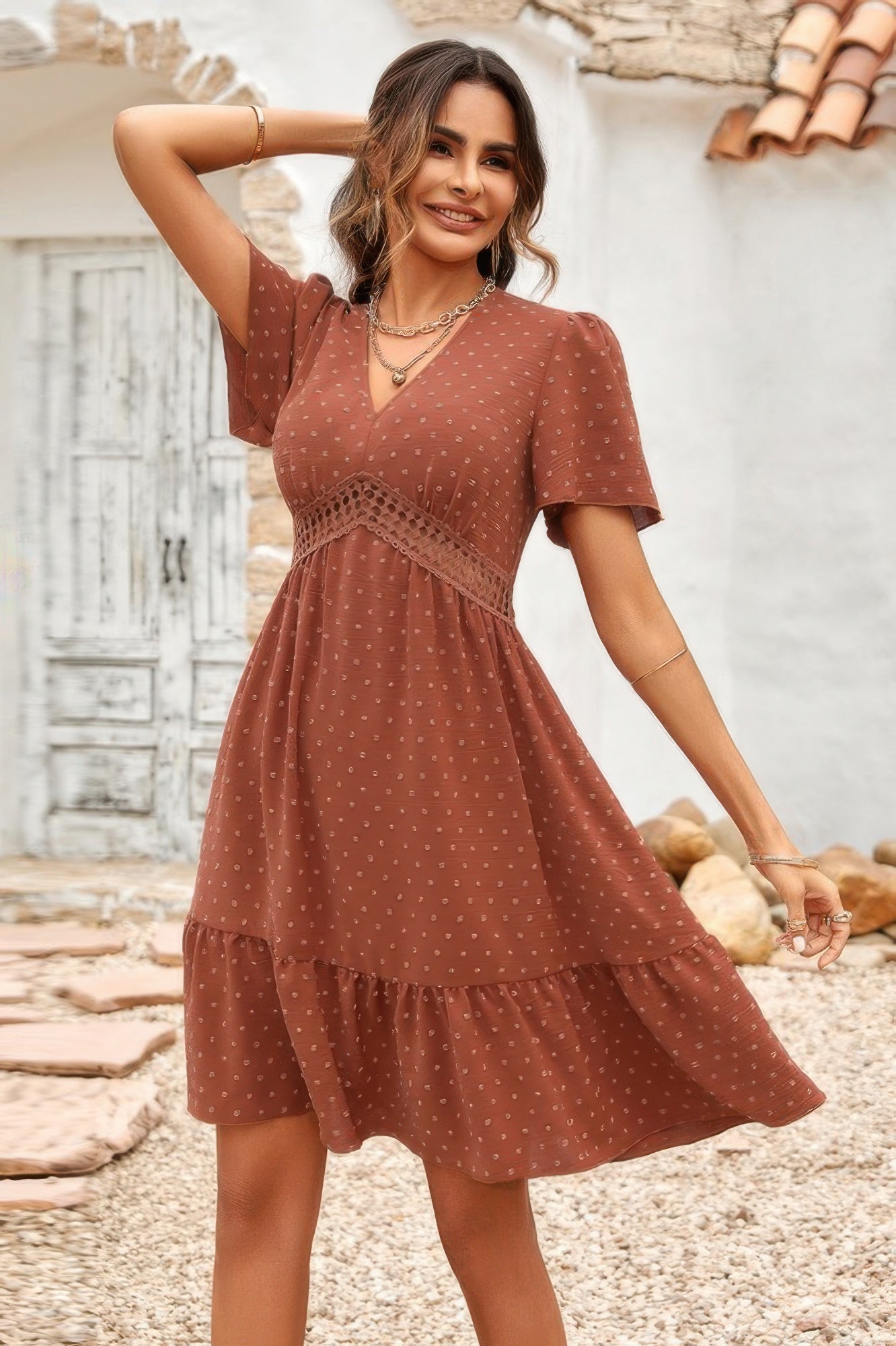 Rust brown Swiss dot ruffle dress with V neck, crochet waist and flutter sleeves, knee length summer dress