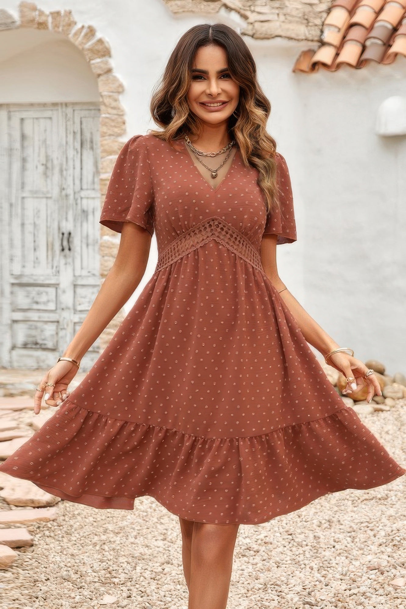 CCWHOLESALECLOTHING Swiss dot ruffle dress in rust with V neck short sleeves crochet waist and ruffle hem