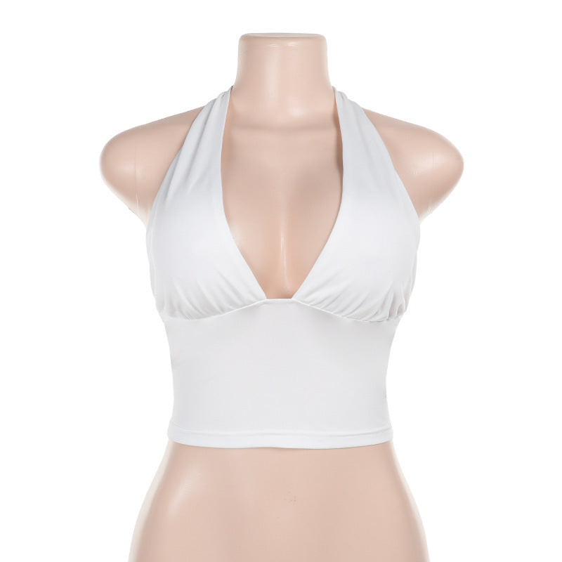 White halter deep V Stretch Crop Top by Trendsi with ruched bust and fitted waist for summer styling