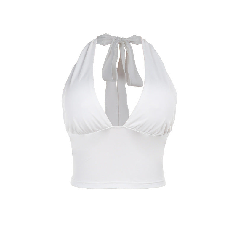 Trendsi white halter Stretch Crop Top with tie back and ruched bust for casual summer styling