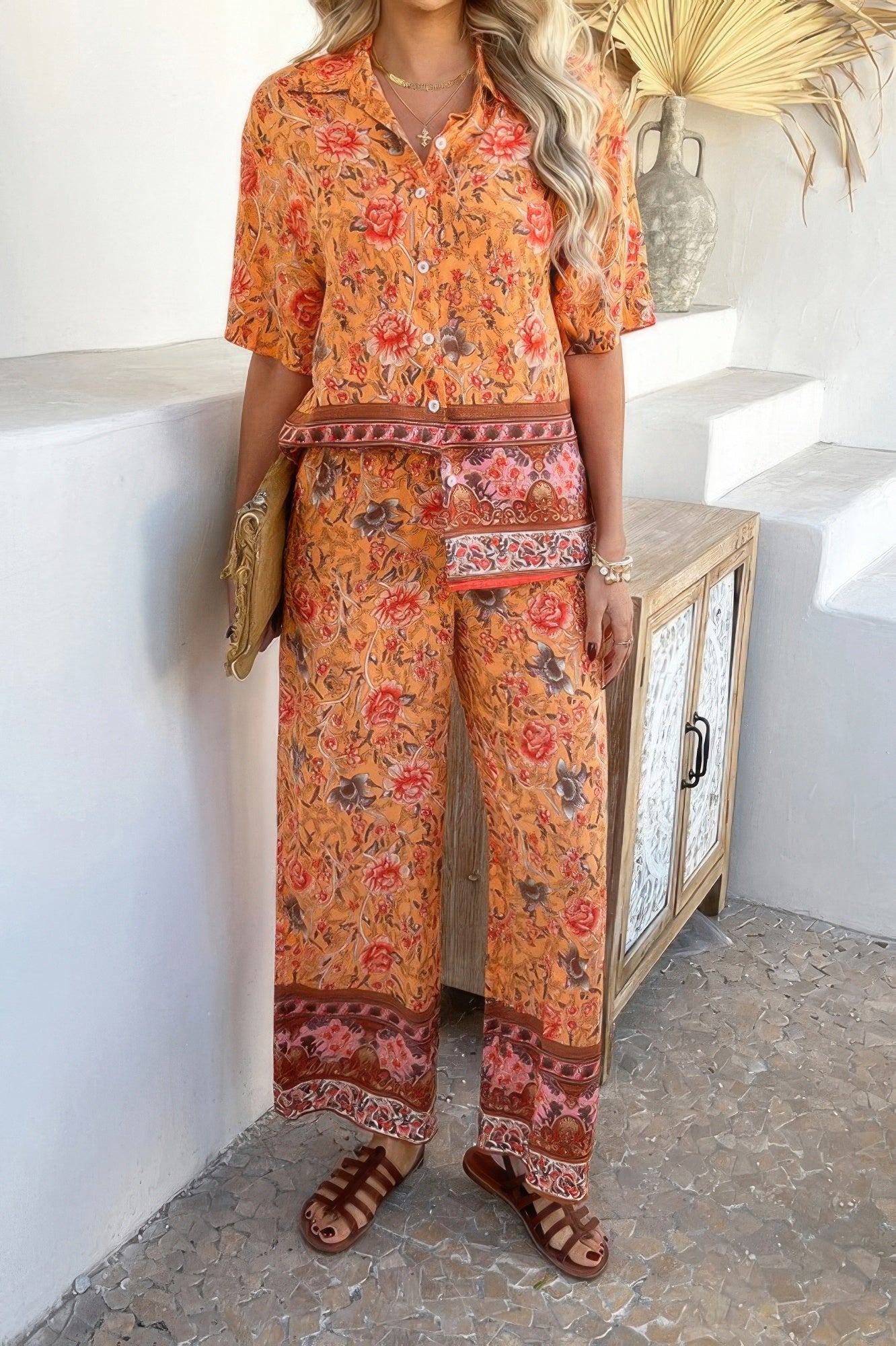 CCWHOLESALECLOTHING Boho Blouse Pant Sets orange floral short sleeve button blouse with wide leg pants and border print hem