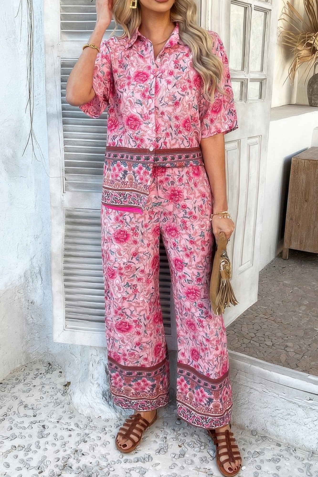 Boho Blouse Pant Sets pink floral button front short sleeve blouse and wide leg pants styled with sandals