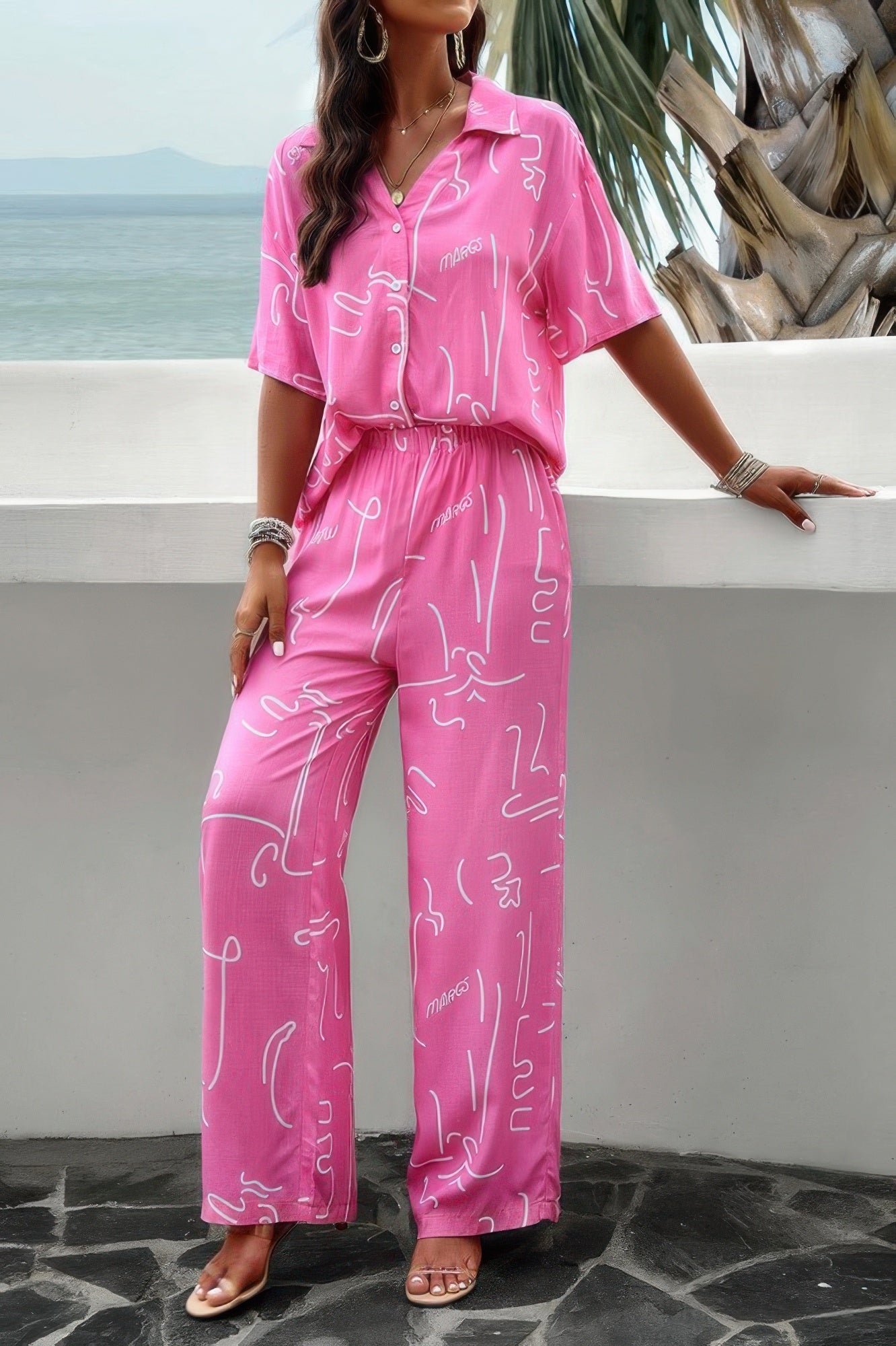 CCWHOLESALECLOTHING pink abstract print front button blouse set short sleeve top with elastic waist wide leg pants