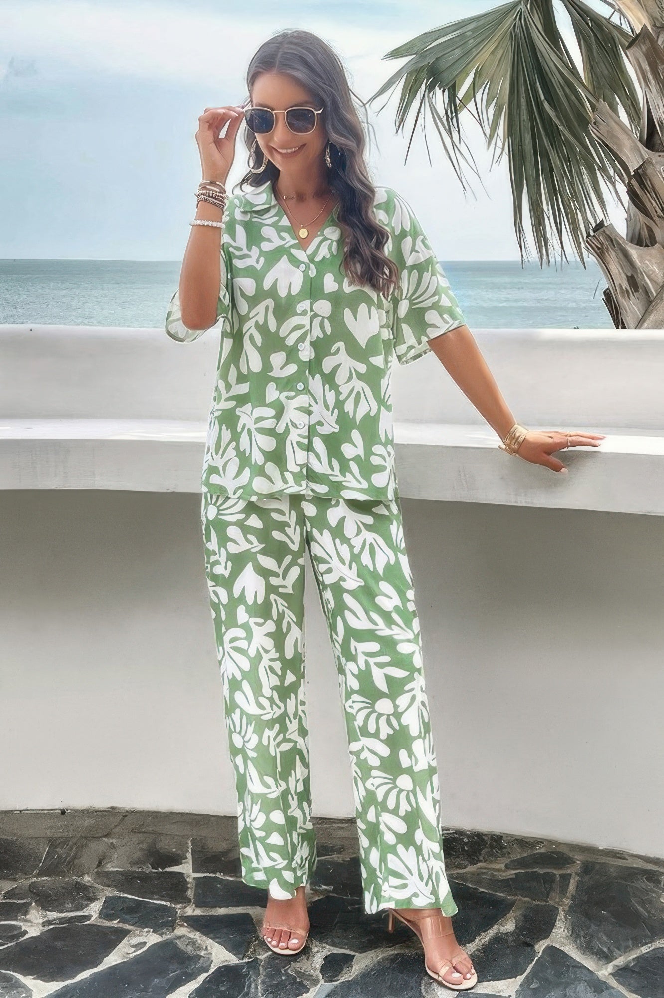 CCWHOLESALECLOTHING green leaf print front button blouse set with short sleeves and wide leg pants beach outfit