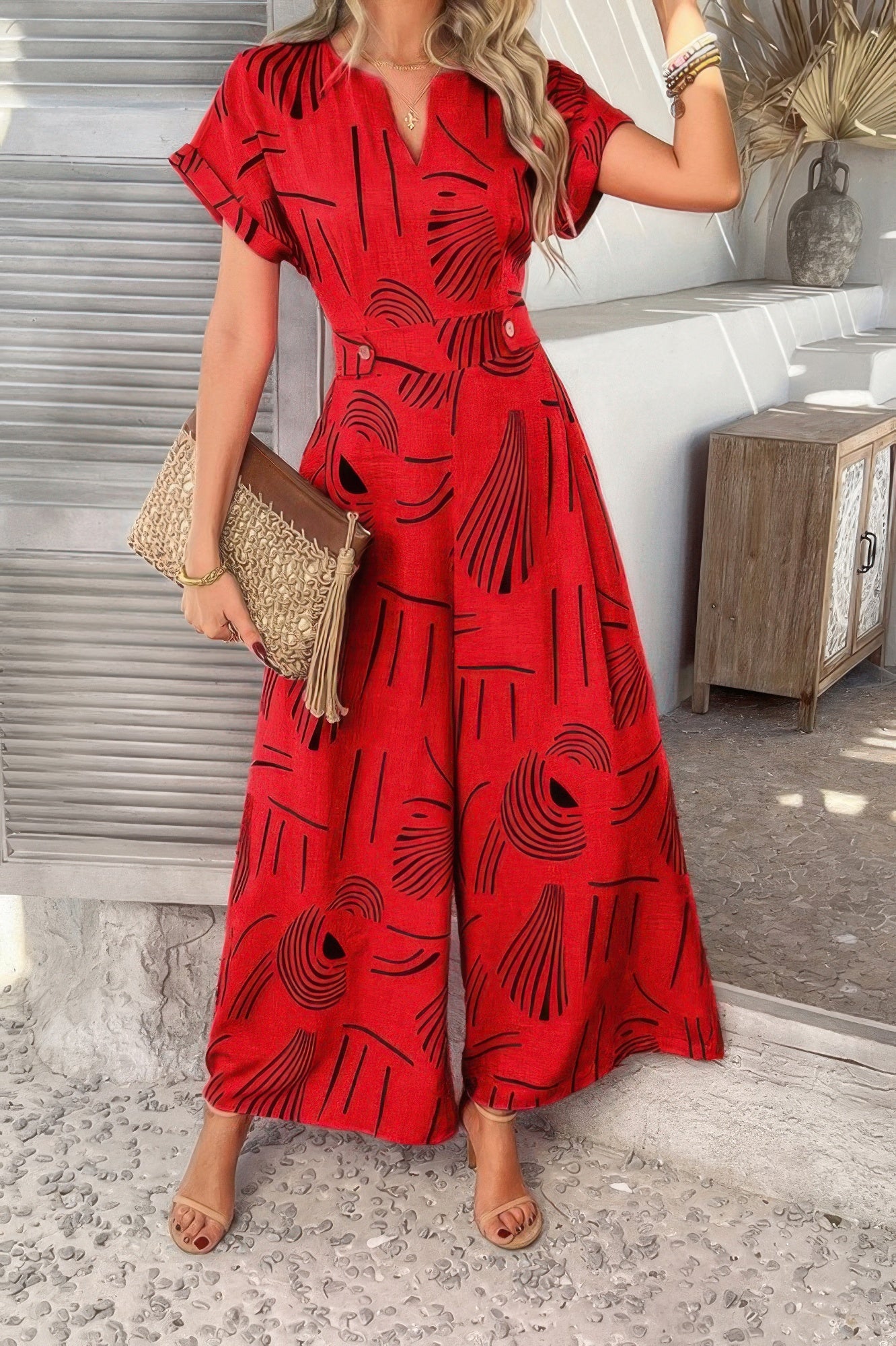 Red patterned Tie Waist Pockets Jumpsuit by CCWHOLESALECLOTHING short sleeve v neck belted waist wide leg