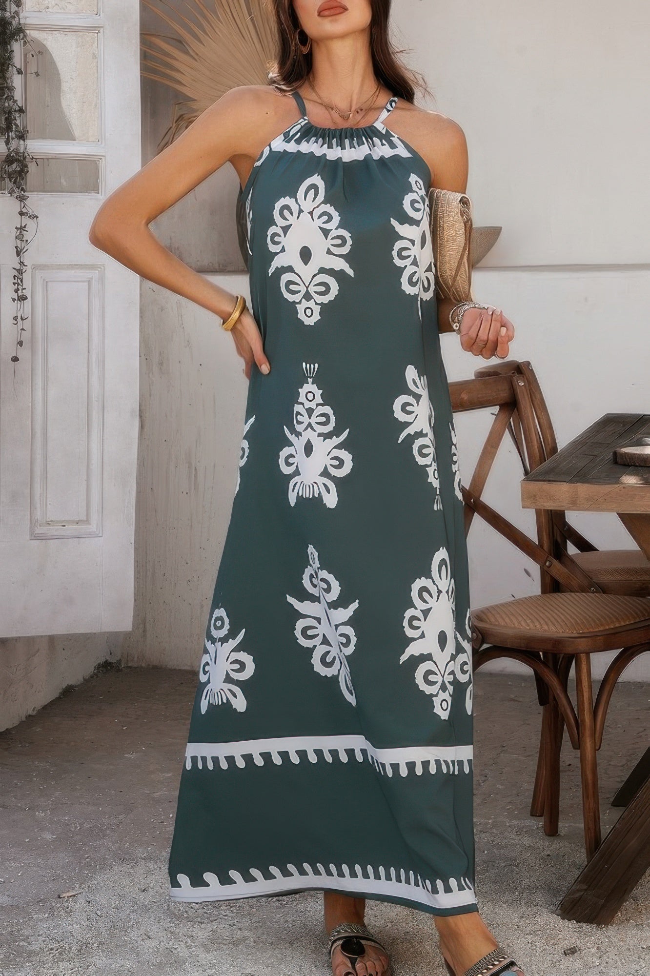 Green maxi geo print halter dress with white bold motifs halter neckline sleeveless summer outfit