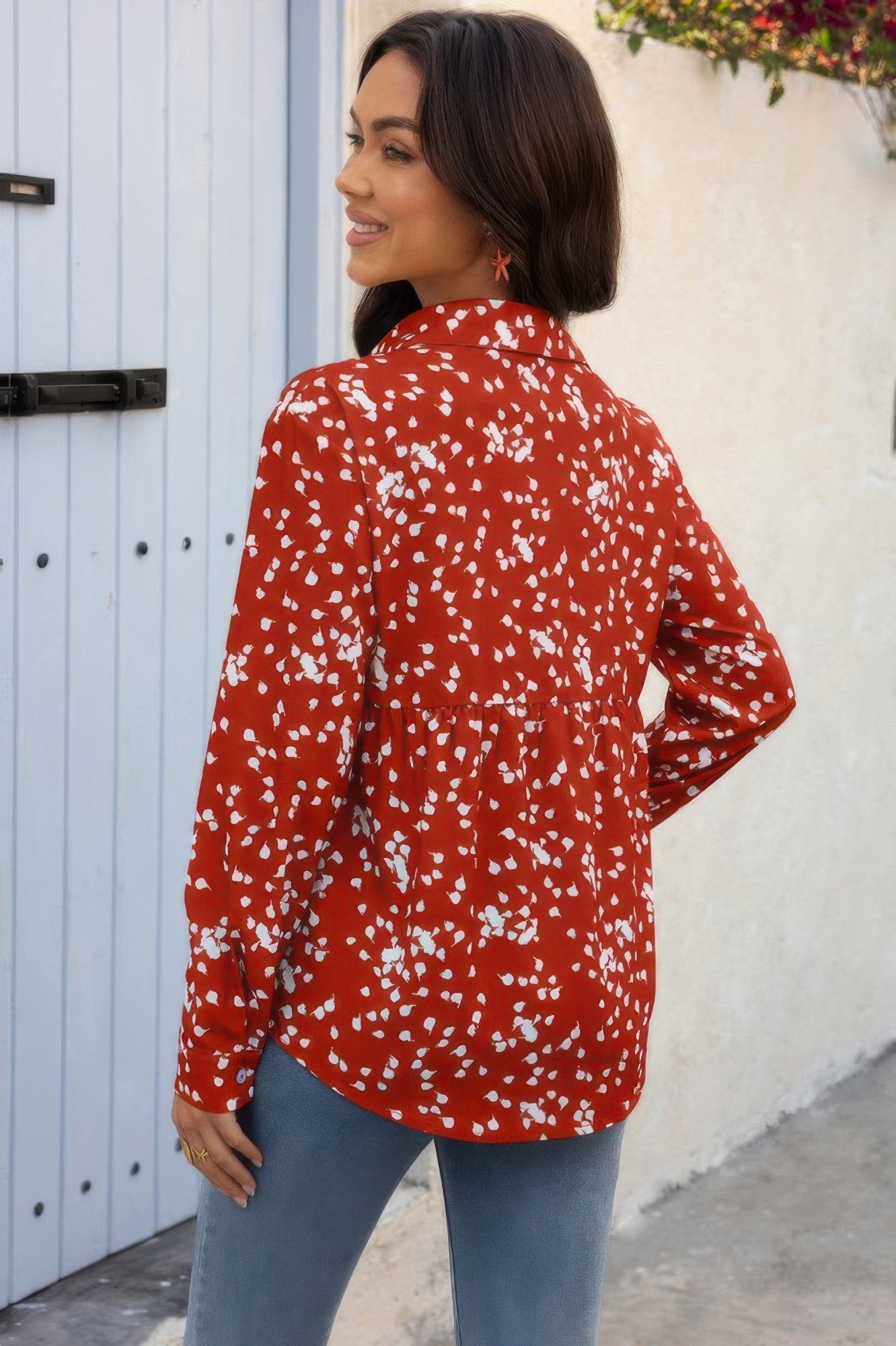 Button Down Loose Blouse red white spotted floral print long sleeve casual back view on model