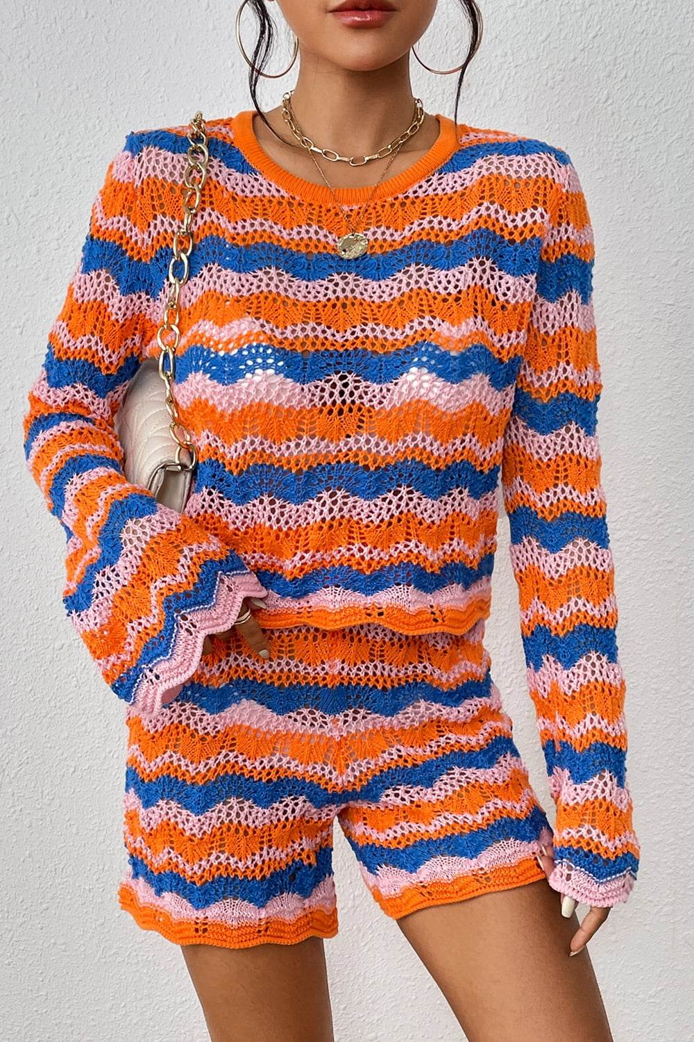 Trendsi Sweater and Knit Shorts Set in colorful wavy pattern, perfect for casual outings or beach trips