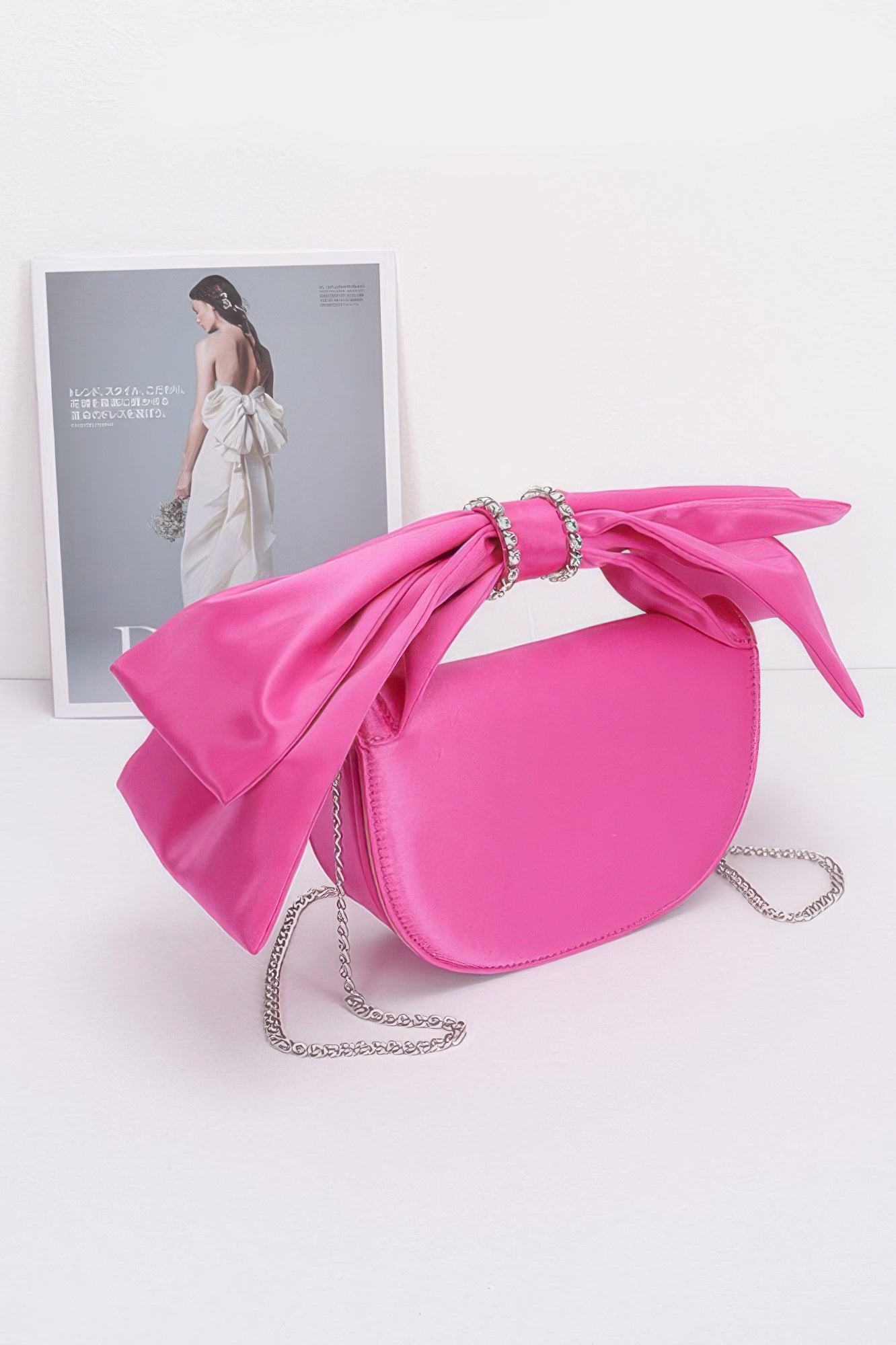 Fun Clutch Bag bright pink satin bow clutch with silver chain strap stylish evening accessory