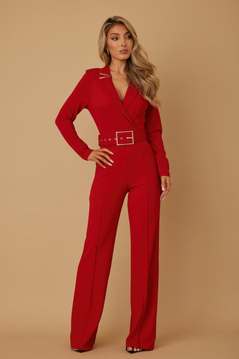 Red VALENTINE Tailored Power Suit Jumpsuit with Belt and Stylish Design for Elegant Looks