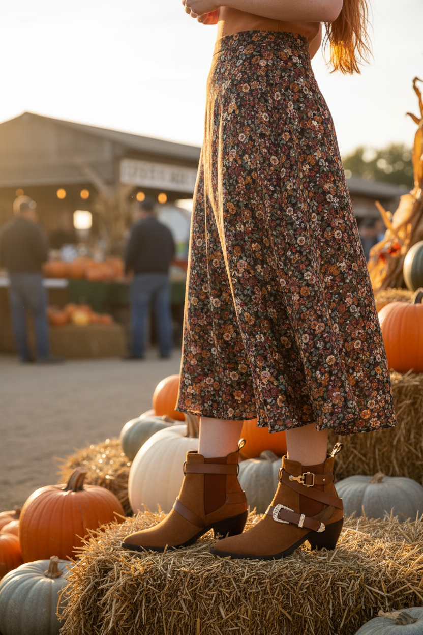Tan western ankle boots at fall farmers market