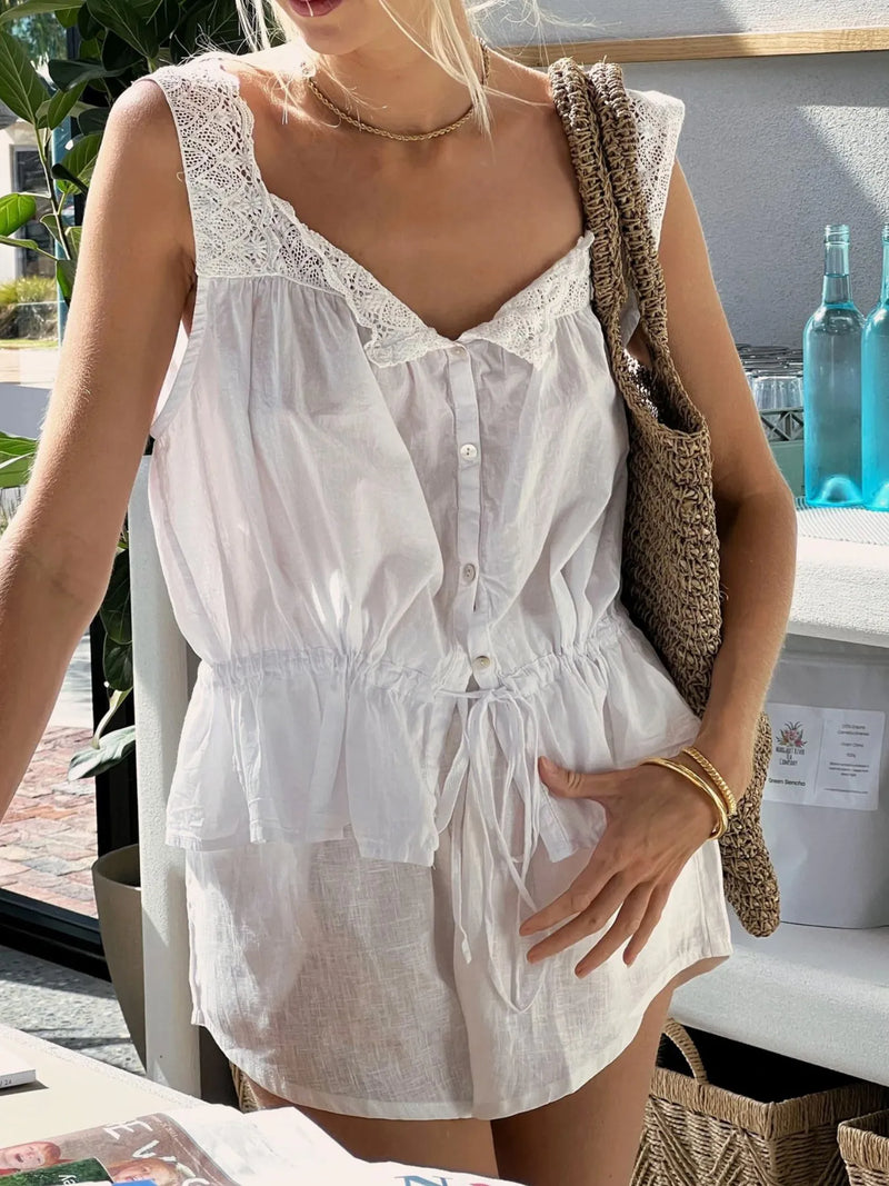 Trendsi White Tank and Shorts Set with Lace Details and Adjustable Drawstring Waist