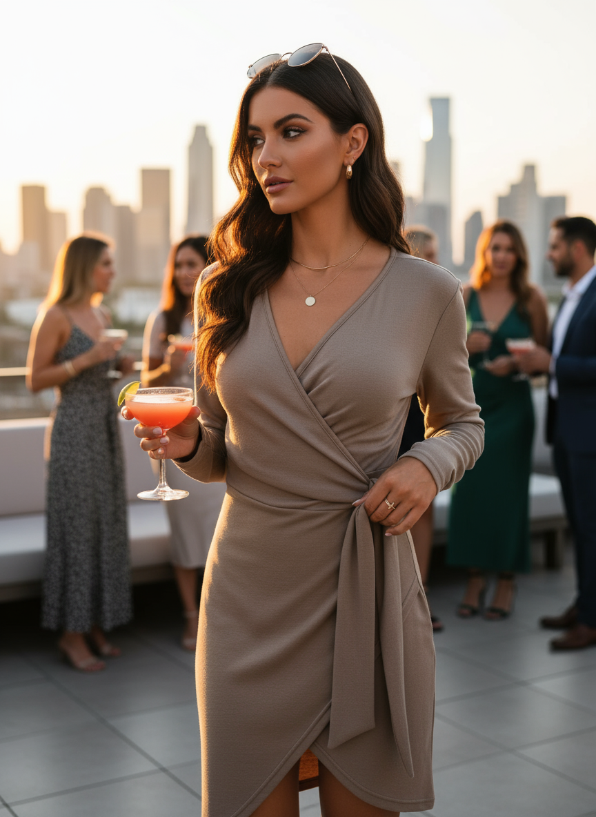 Taupe Surplice Dress at Rooftop Lounge