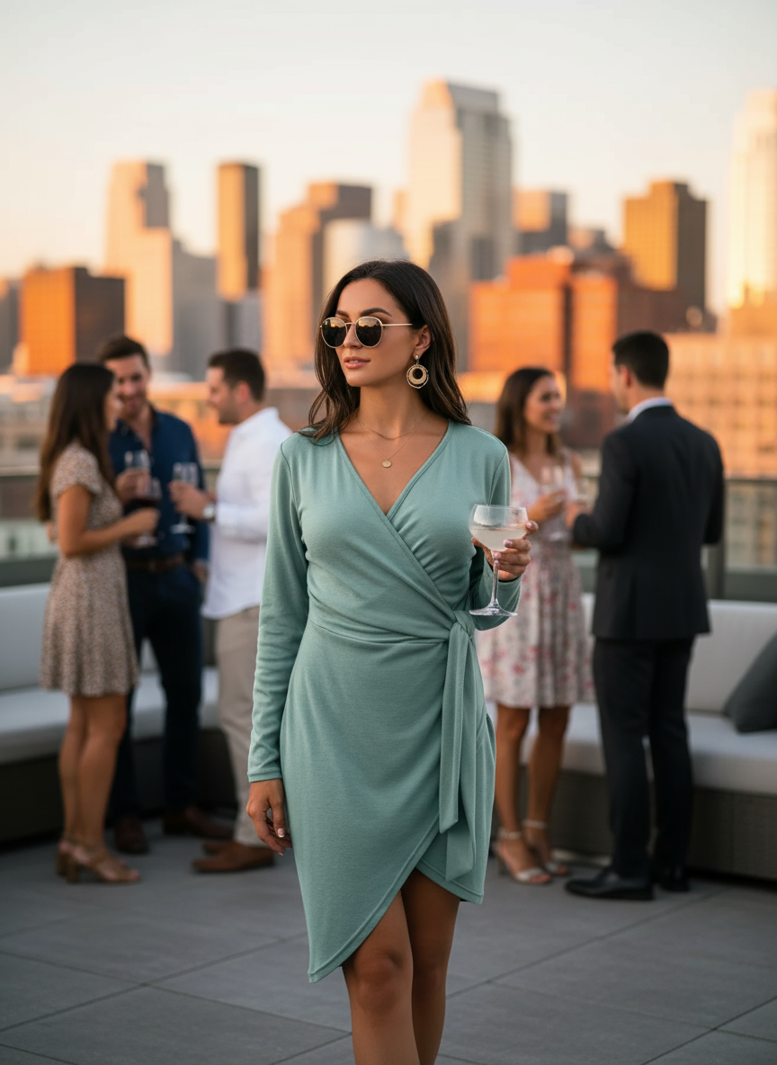 Taupe Surplice Dress Full Body at Rooftop Lounge