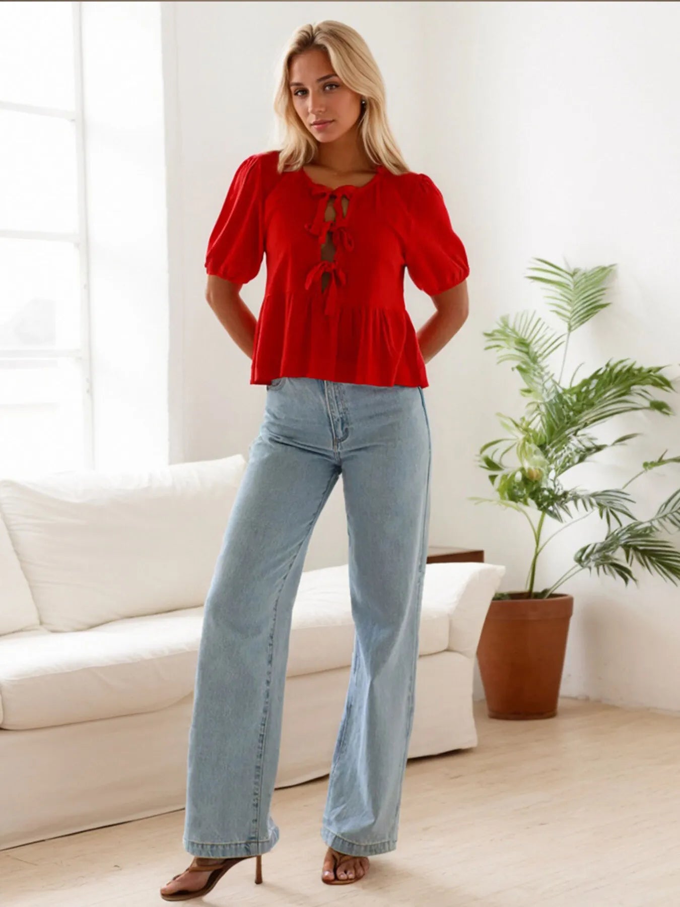 Trendsi red Tie-Front Blouse with puff sleeves and a stylish tie detail for a trendy look