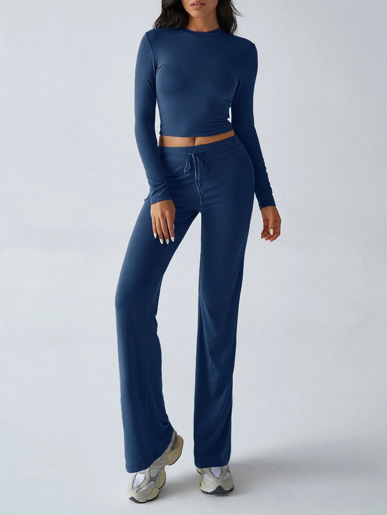 Trendsi Navy Top and Pant Set featuring a long sleeve crop top and comfortable pants