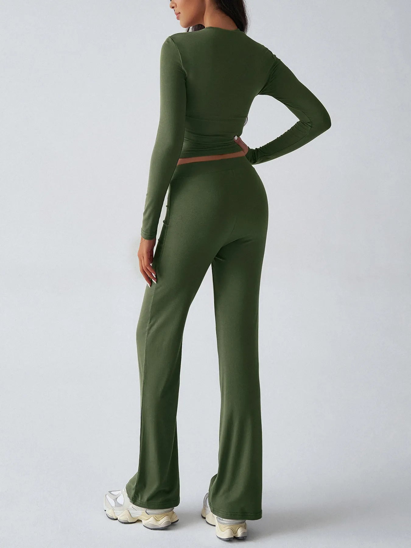Trendsi Olive Green Top and Pant Set with Long Sleeves and Flared Trousers for a Stylish Look