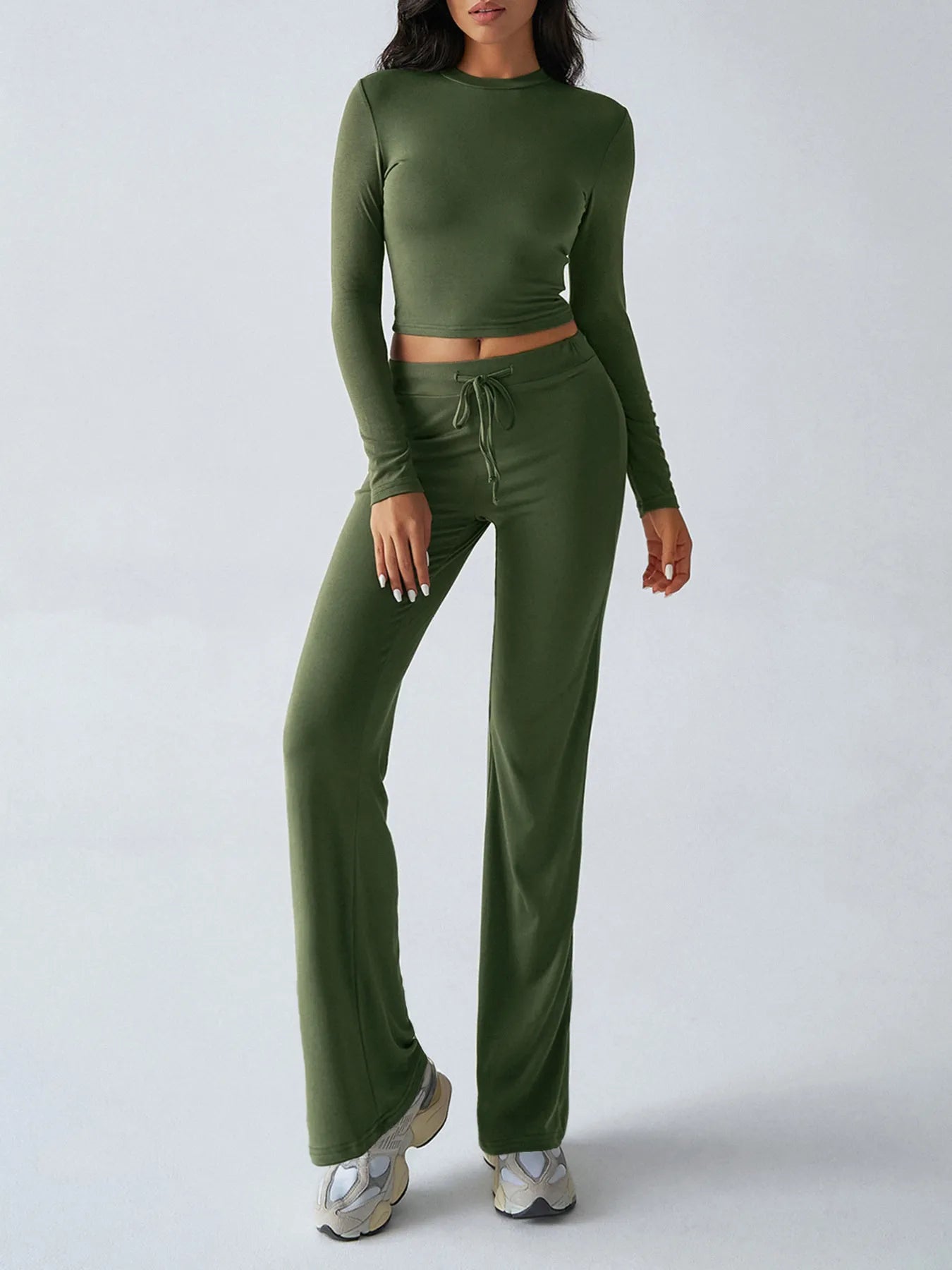 Trendsi Olive Green Top and Pant Set with Long Sleeves and Drawstring Pants for Casual Wear