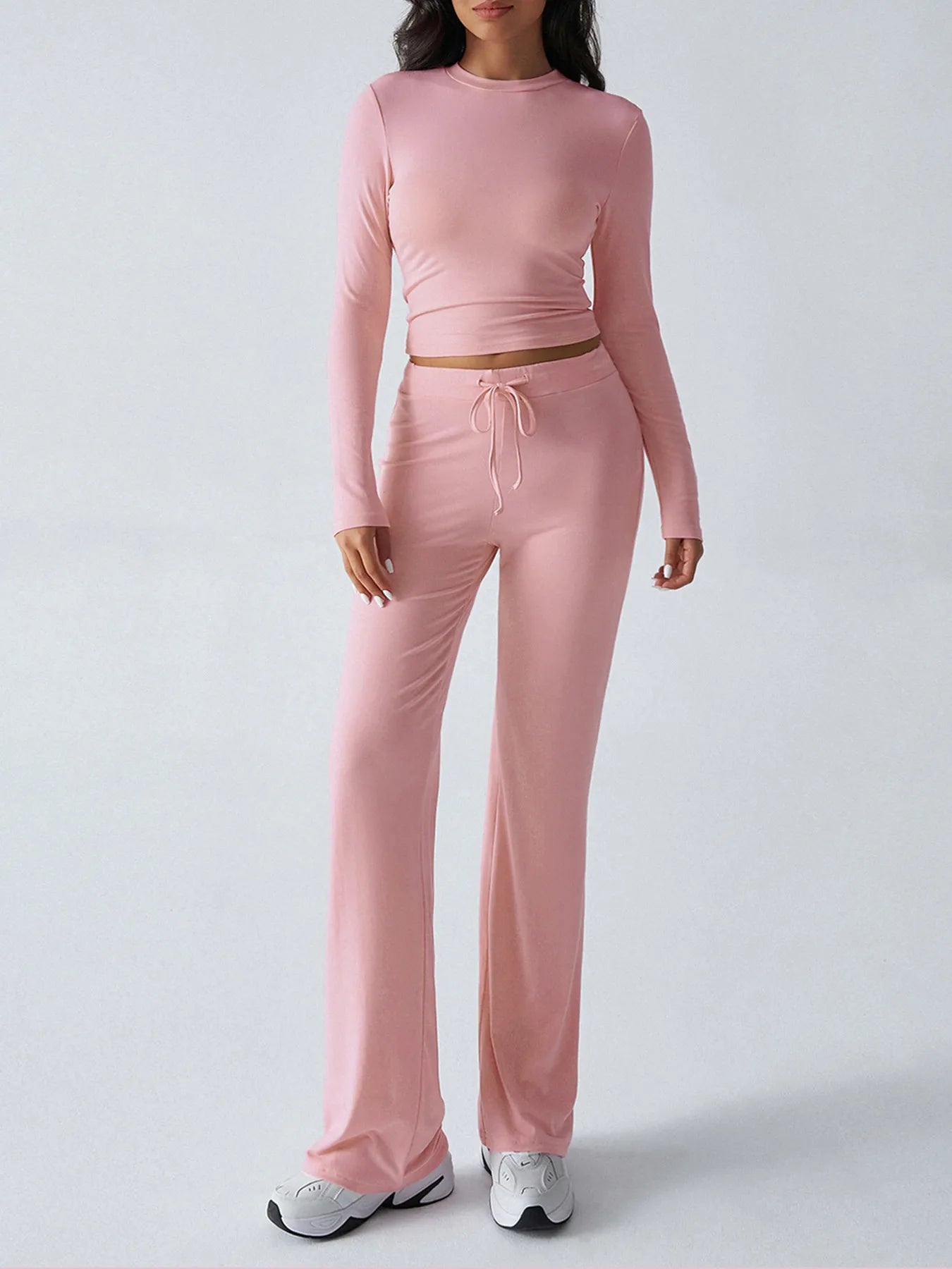 Trendsi Pink Long Sleeve Top and Pant Set with Drawstring for Comfortable Casual Wear