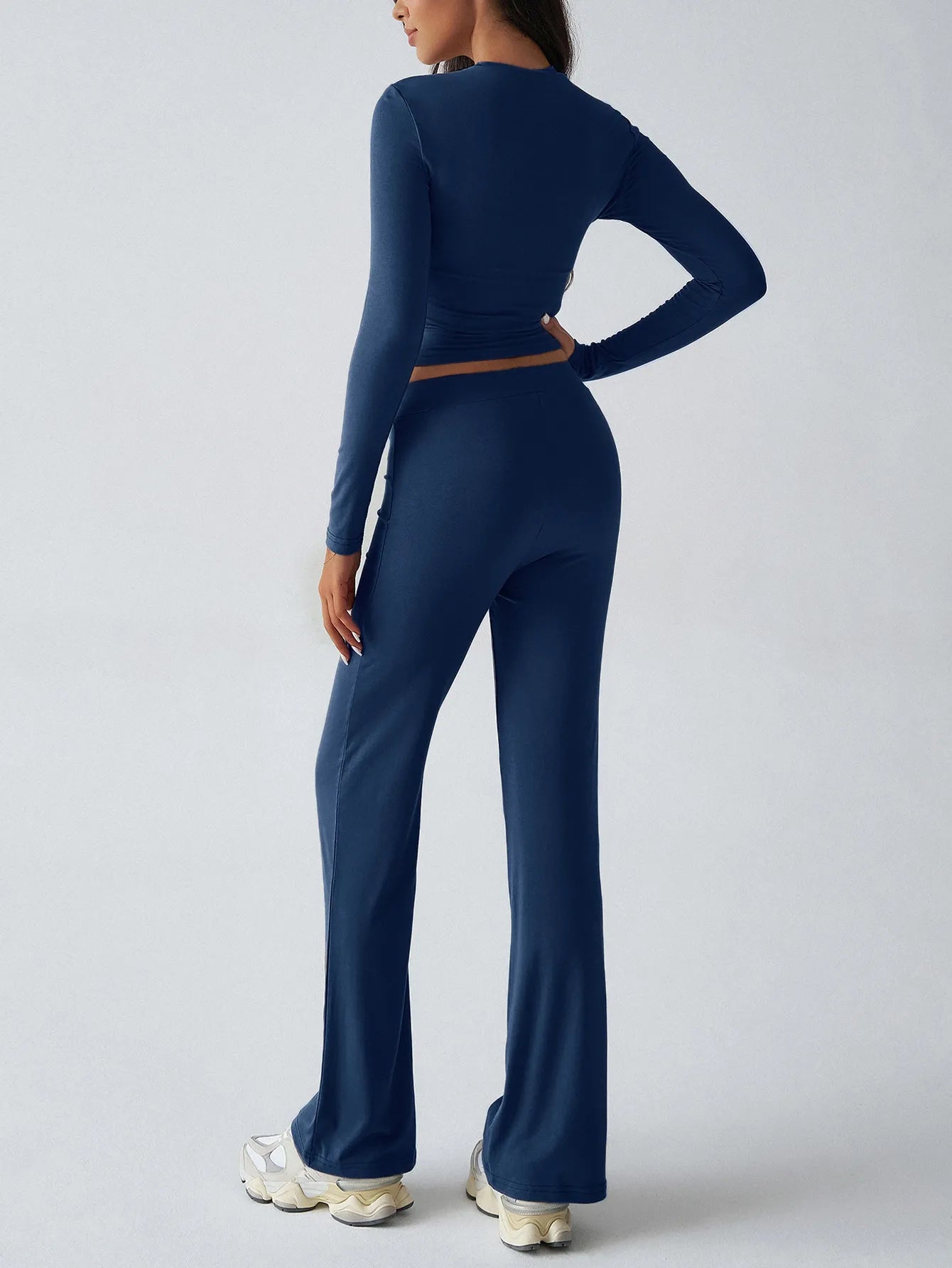 Trendsi Top and Pant Set in Navy Blue with Long Sleeves and Flared Pants for Casual Wear
