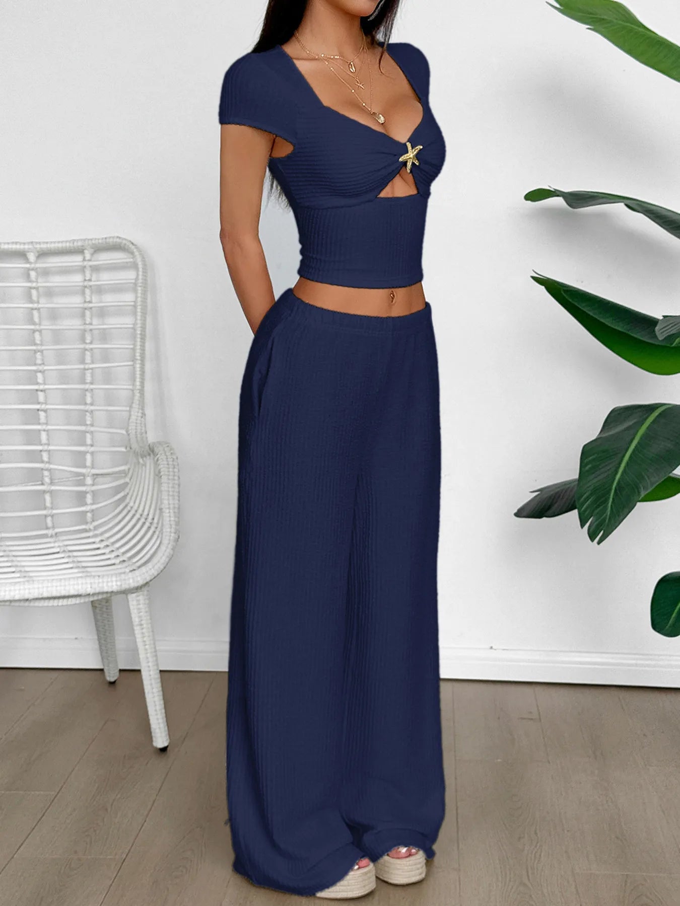Trendsi Navy Top and Pants Set featuring a fitted crop top and wide-leg trousers for a stylish look