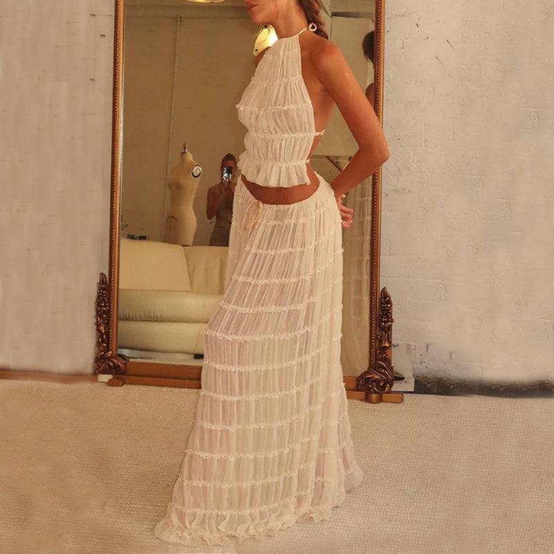 Elegant Trendy Halter Top & Maxi Skirt Set in Light Color for Stylish Summer Outfits